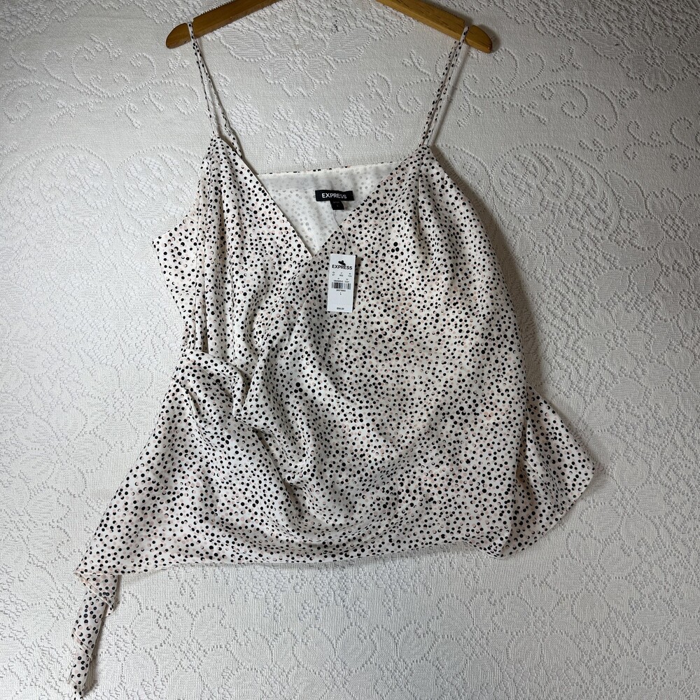 Express Camisole Tank Top Womens Large White Polka Dot Wrap V Neck Lined Dressy